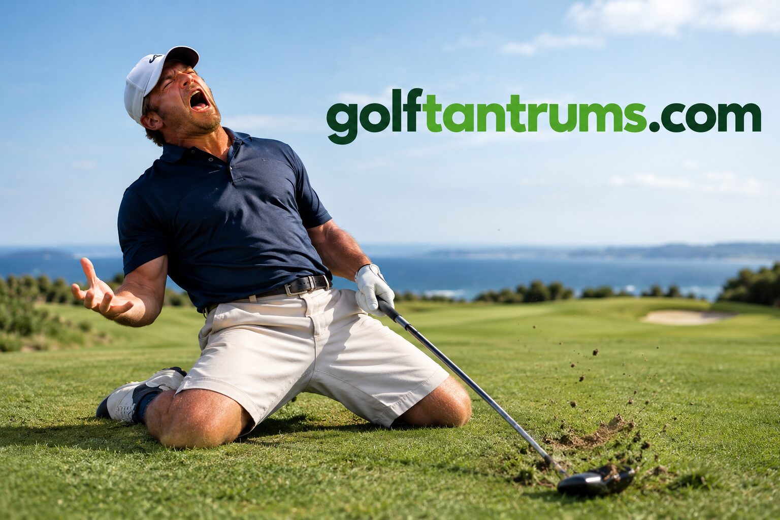 A golfer on his knees on the fairway, shouting, club thrown into the turf — golftantrums.com